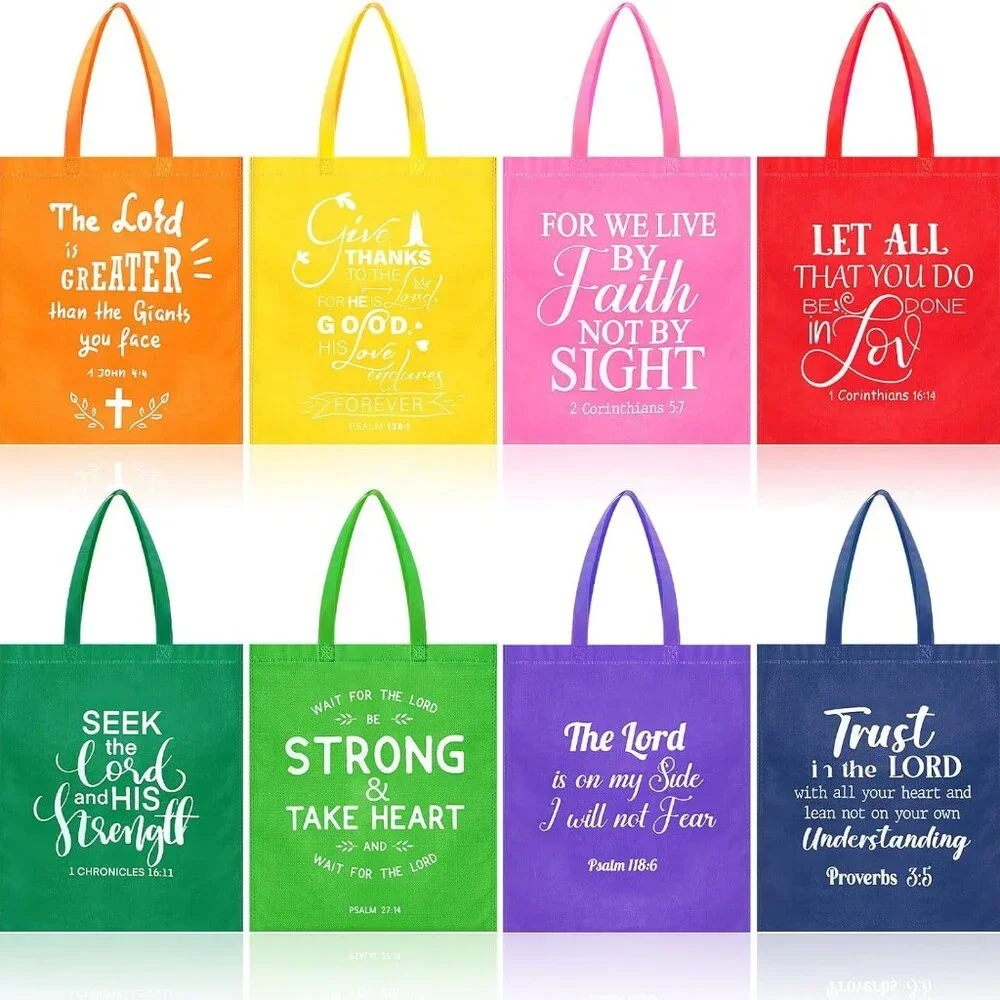 Religious Reusable Tote Bags Set 8 Bright Colors Bible Verses Gift - Picture 1 of 6